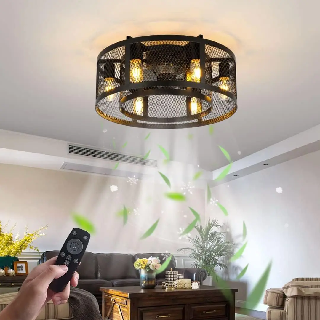 Vintage Ceiling Fan Light E27 Ironwork Caged shape Ceiling Fan Lamp Industry Ceiling Fans with Lights for Bedroom Living Room