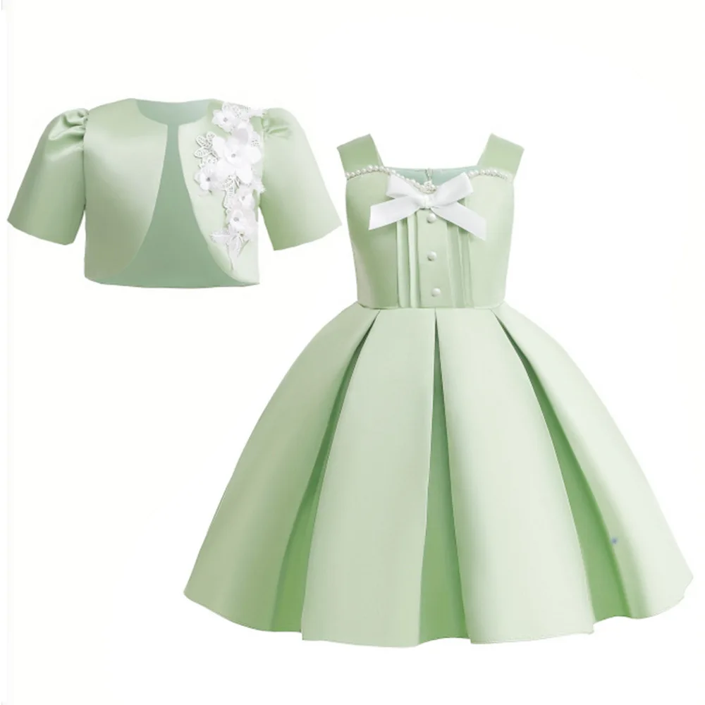 Girl\'s New Decal Pearl Bow Green Princess Dress Wedding Flower Girl Piano Performance Princess Dress for 4 5 6 7 Years