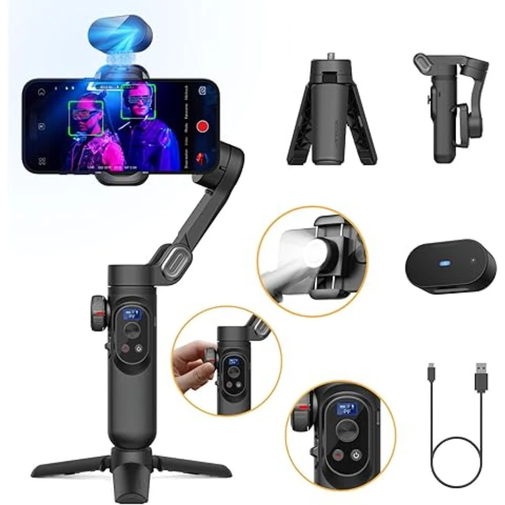 مثبت Gimbal مع مستشعر رؤية AI لتتبع الوجه، هاتف Gimbal ثلاثي المحاور مع شاشة OLED لتسجيل مدونة الفيديو - توصيل مجاني #1