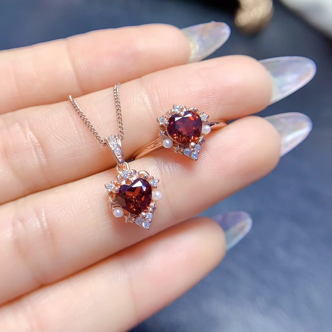 

FS Natural Garnet Fine Jewelry Set 925 Sterling Silver Ring Pendant 2-Piece for Women Wedding MeiBaPJ Certificate