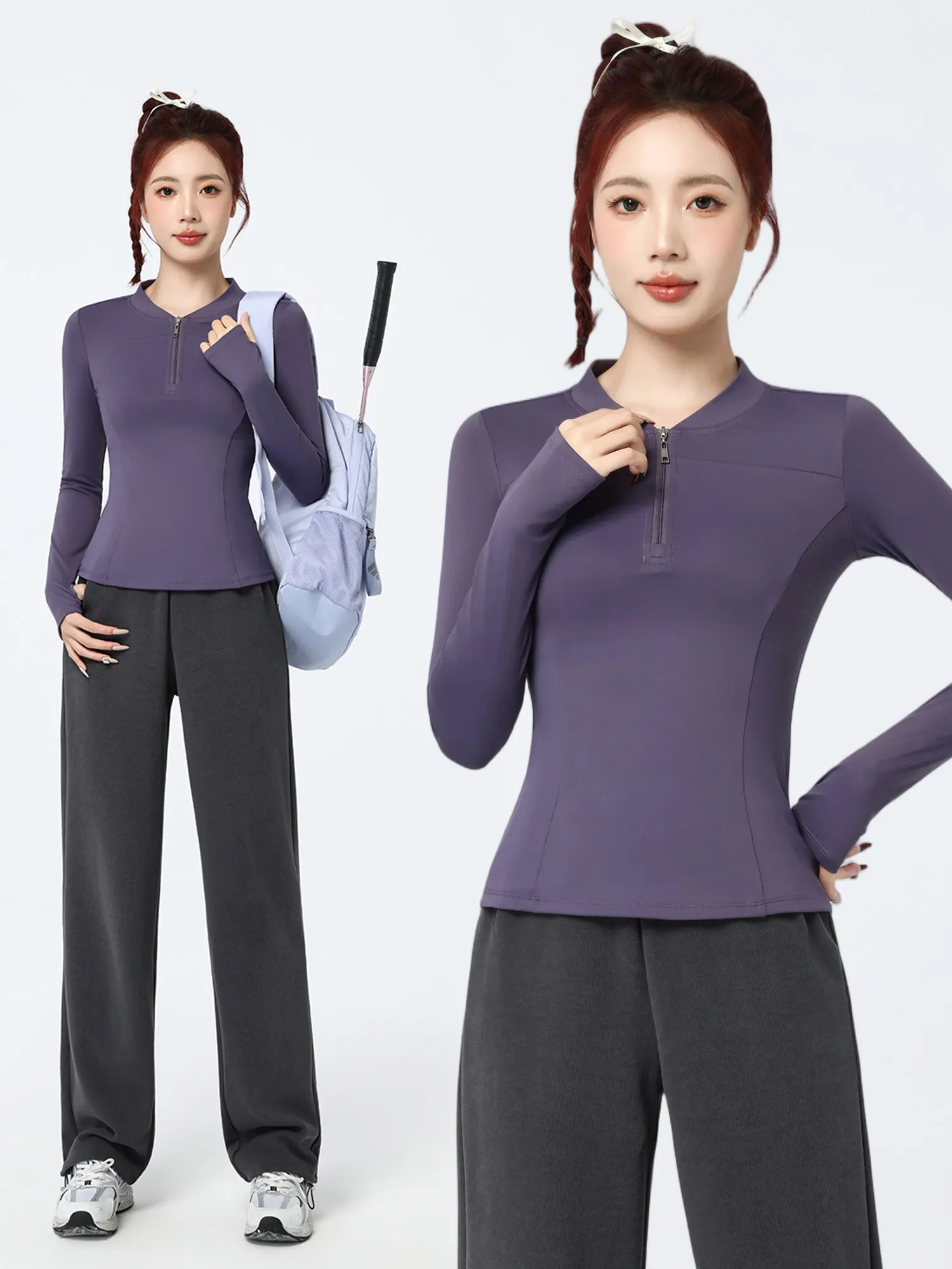 

Комплект женской спортивной одежды для активного отдыха: лонгслив на молнии, облегающий, быстросохнущий, для тренировок, осень-зима