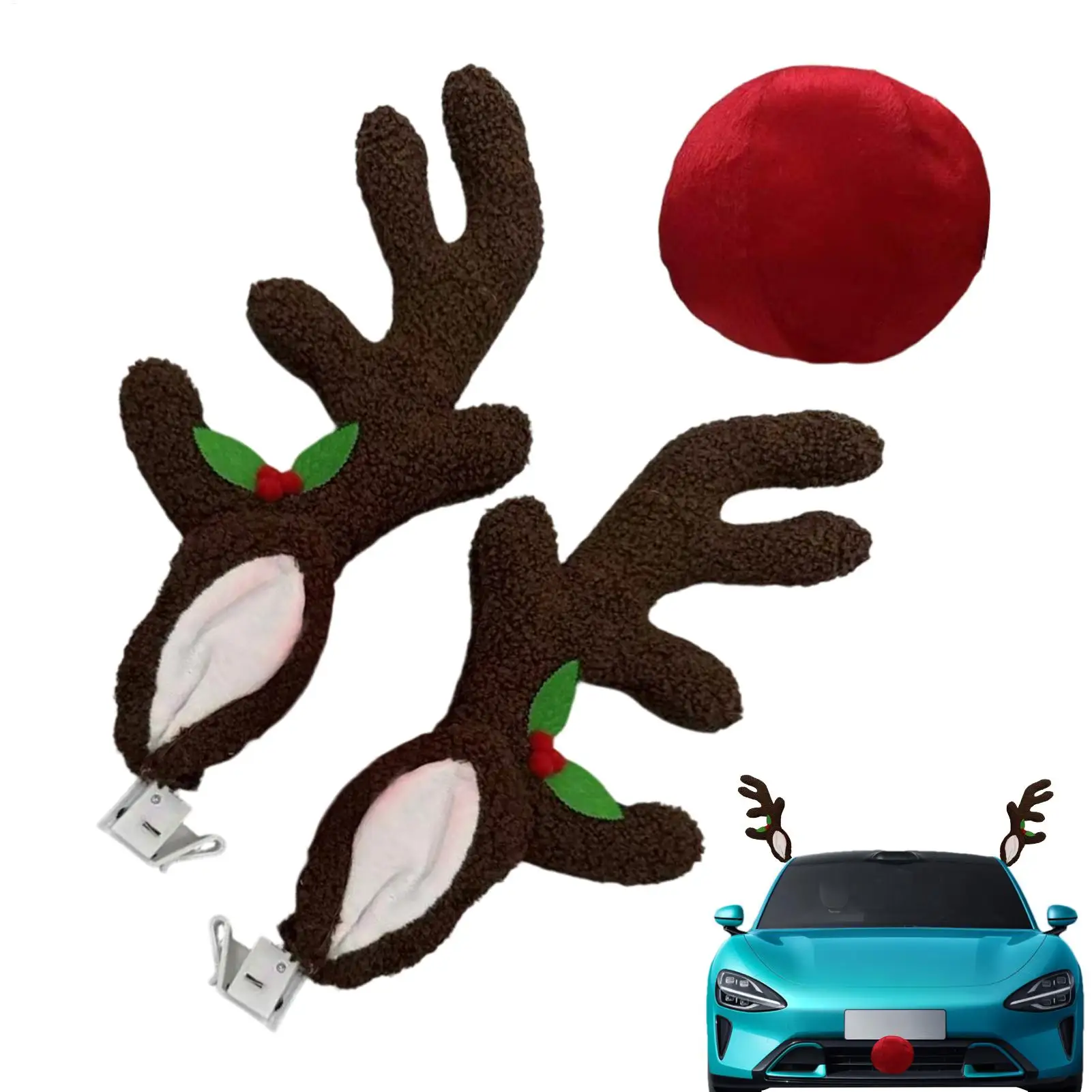Car Reindeer Antlers Christmas Decoration Deer Ears Glowing LED Antler With Nose Automotive Exterior Window Roof Top Decor