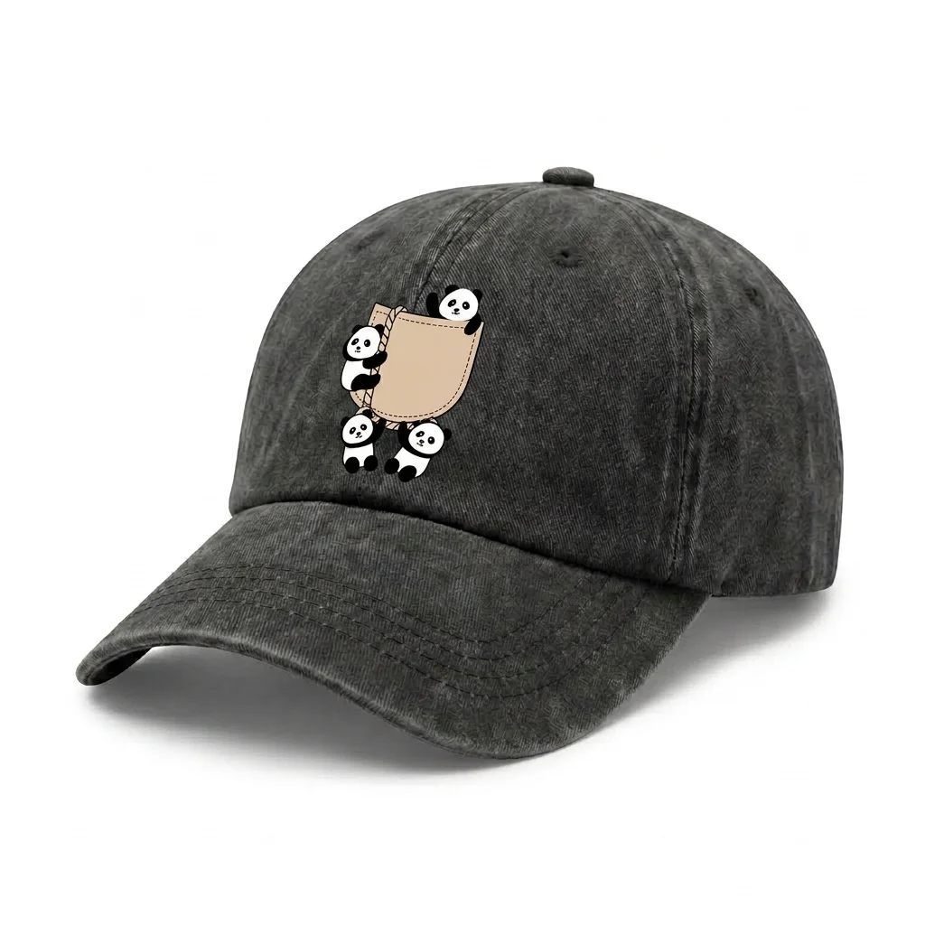 Adjustable Unisex Cute Panda Pocket Graphic Baseball Cap, Vintage Washed Dad Hat, Cute Animal Lover Gift for Women and Men
