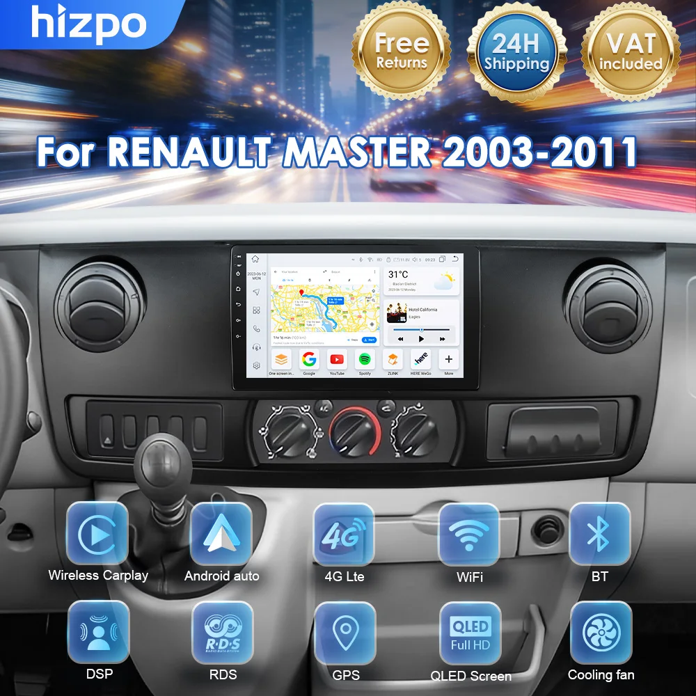 Autoradio Android Hizpo per Renault Master 2003-2011, Carplay Wireless, Sistema Multimediale GPS Intelligente, 2 Din, Telecamera 360°