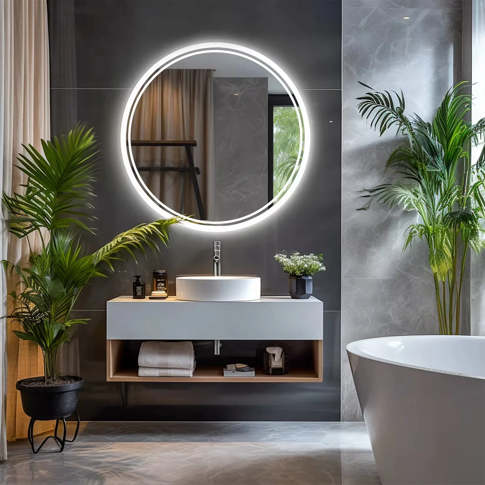 Round Backlit LED Bathroom Mirror, Smart HD Circular Wall Mirror Wall Mounted Colors Dimmable Illuminated Vanity Bathroom