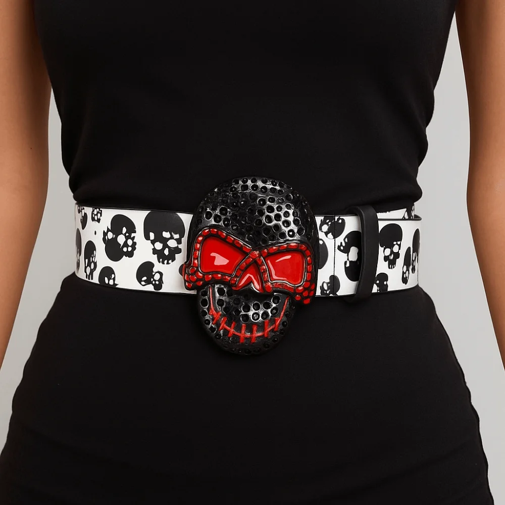 

Punk-Style Skull Print Belt Rhinestone Pants Decors Goth Style Belt Casual Wear Pu Leather Skeleton Waistband Belt Accessories