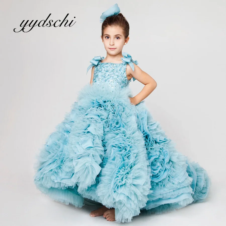 

Blue Fluffy Sleeveless Flower Girl Dress Party Kids Birthday Floor Length Sequined Princess Court Train Dresses Pleat Ball Gown