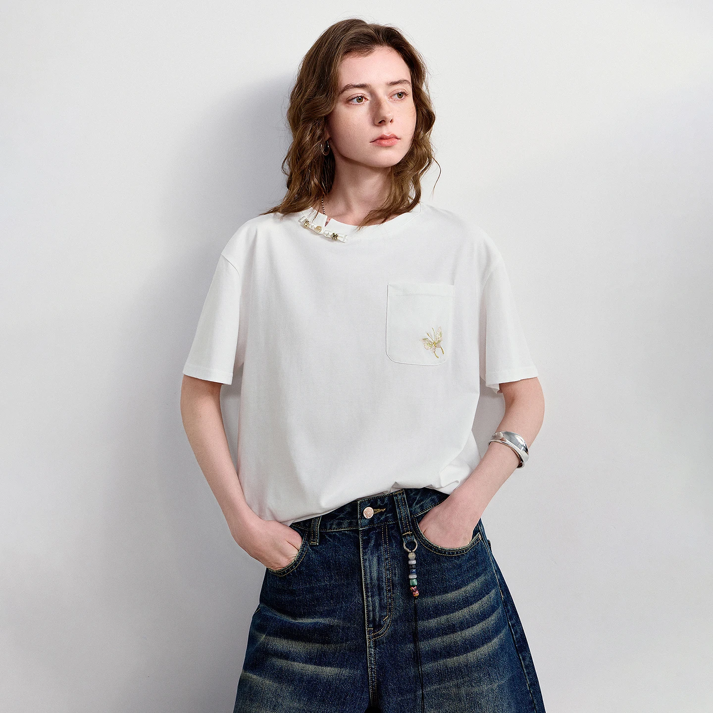 TOYOUTH Women Cotton T-Shirt 2026 Summer New New Chinese Style Button Butterfly Embroidery White Pullover Tops