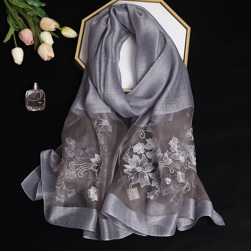 2024 Luxury Silk Shawl Scarf for Women Design Embroidery Flowers Hijab Wraps Bufandas Female Headkerchief Fouloud Echarpe