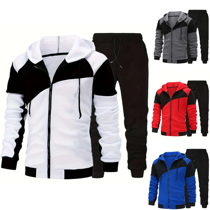 

Mens Hoodie Winter Two Piece Tracksuit Contrast Block Hooded Sweatshirt And Jogger Pants Casual Sportswear tracksuits for man