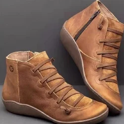 Botas de nieve de piel auténtica para mujer, botines planos de piel auténtica, con cordones, Estilo Vintage, para Primavera e invierno, 2024