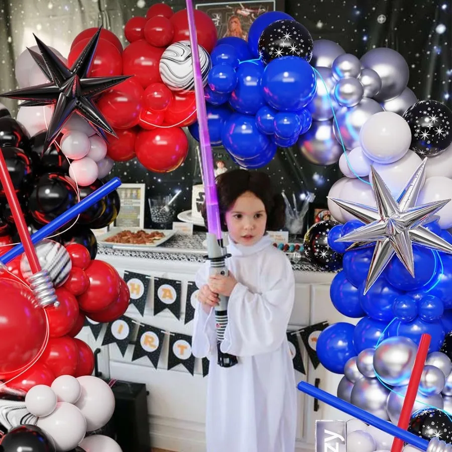 مجموعة قوس بالونات Galaxy Wa مكونة من 151 قطعة بالونات فضية باللون الأزرق الملكي والأحمر والأسود والأبيض لعيد ميلاد نجم Univee One مع The Forc