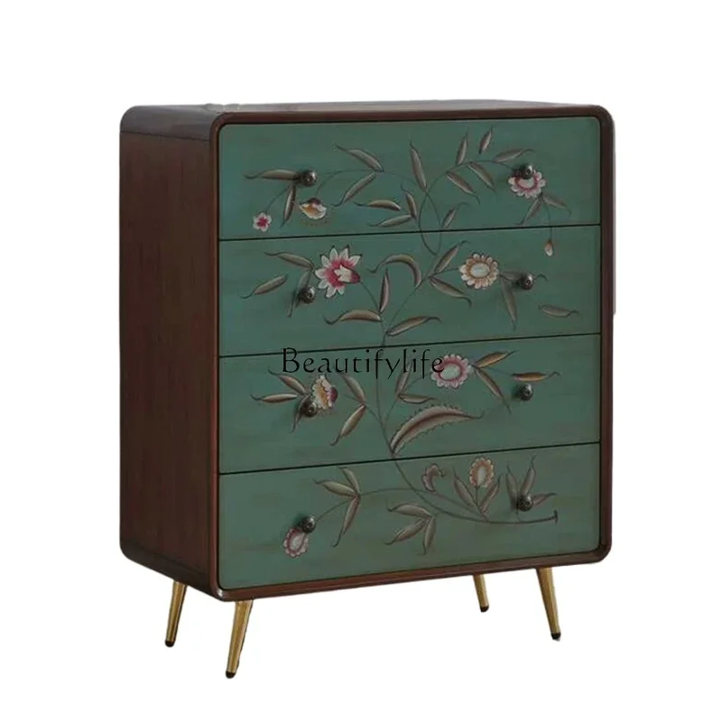 European four-chest cabinet American light luxury porch solid wood drawer storage cabinet pastoral painting decoration