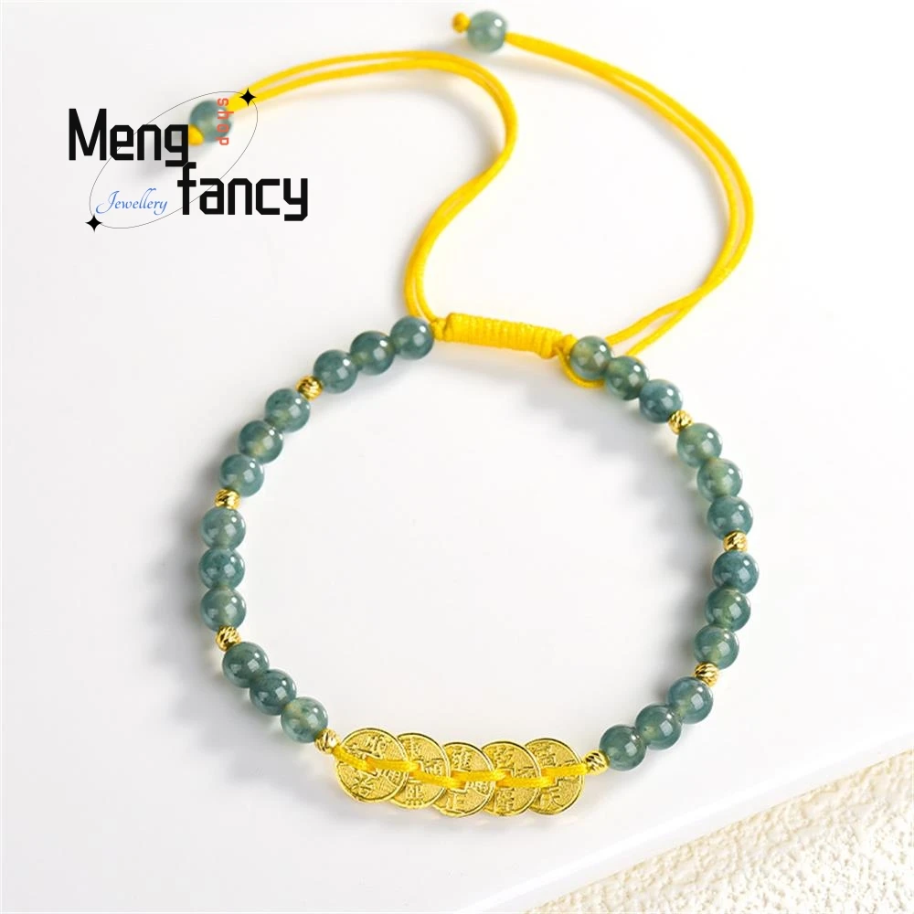 

Natural A-grade Jadeite Blue Water Five Emperors Qian Ice Type Jade Bracelet S925 Silver Hand-woven Couples Fashion Fine Jewelry