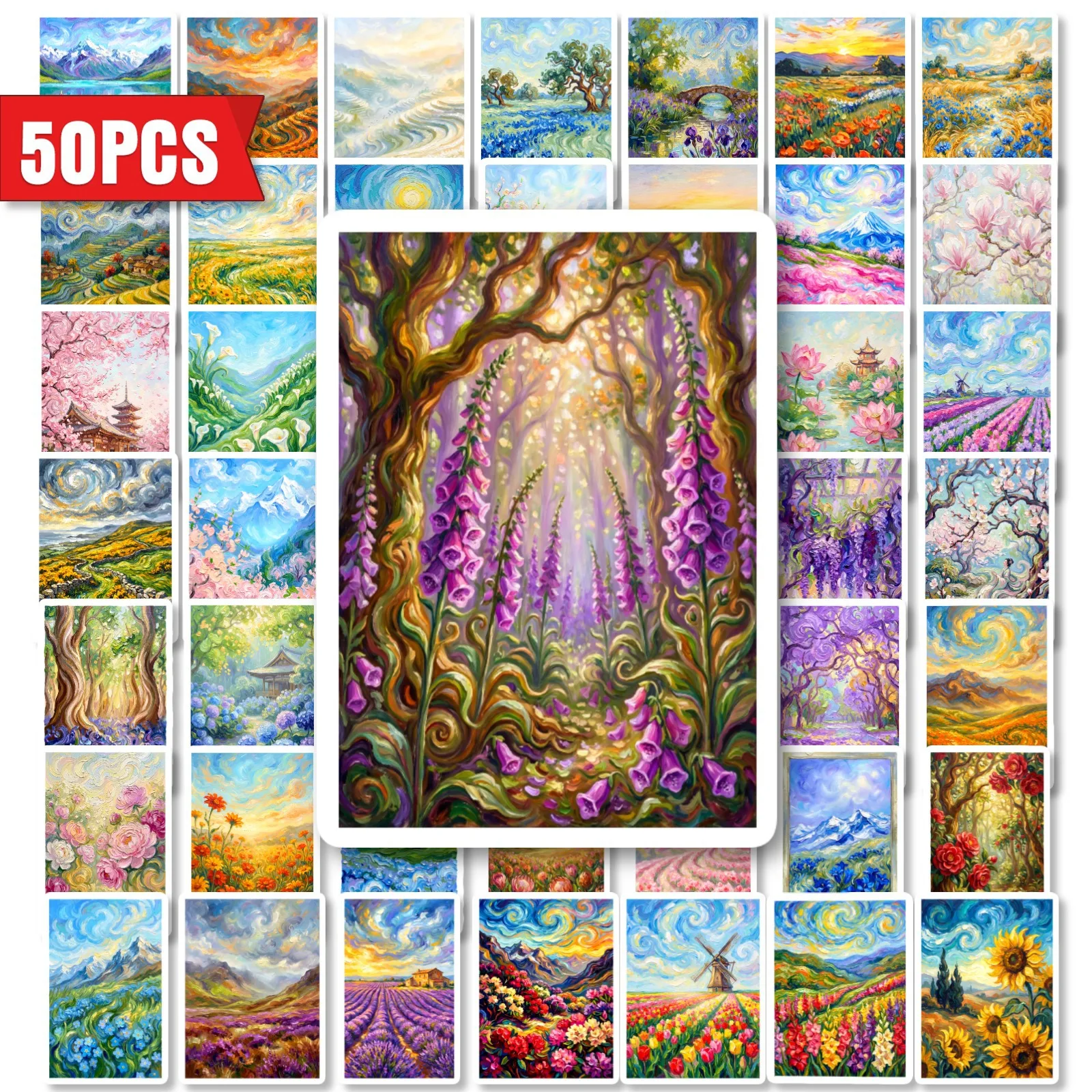 50 Sheets Hand‑Painted Oil Painting Flower Field Scenery Waterproof PP Graffiti Stickers for Journal Laptop Water Bottle