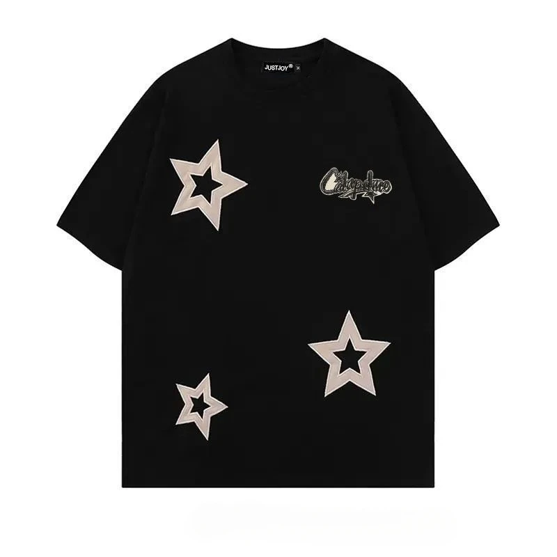 

Korean retro street lettering five-pointed star embroidered short-sleeved T-shirt for men and women loose fashion couple tops