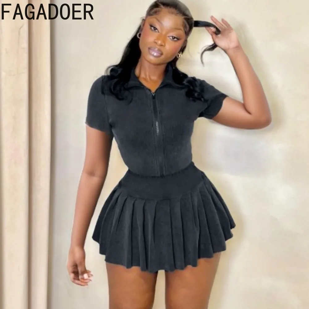 FAGADOER Gray Fashion Solid Color Pleated Mini Skirts Two Piece Sets Women Zipper Short Sleeve Slim Crop Top And Skirts Outfits