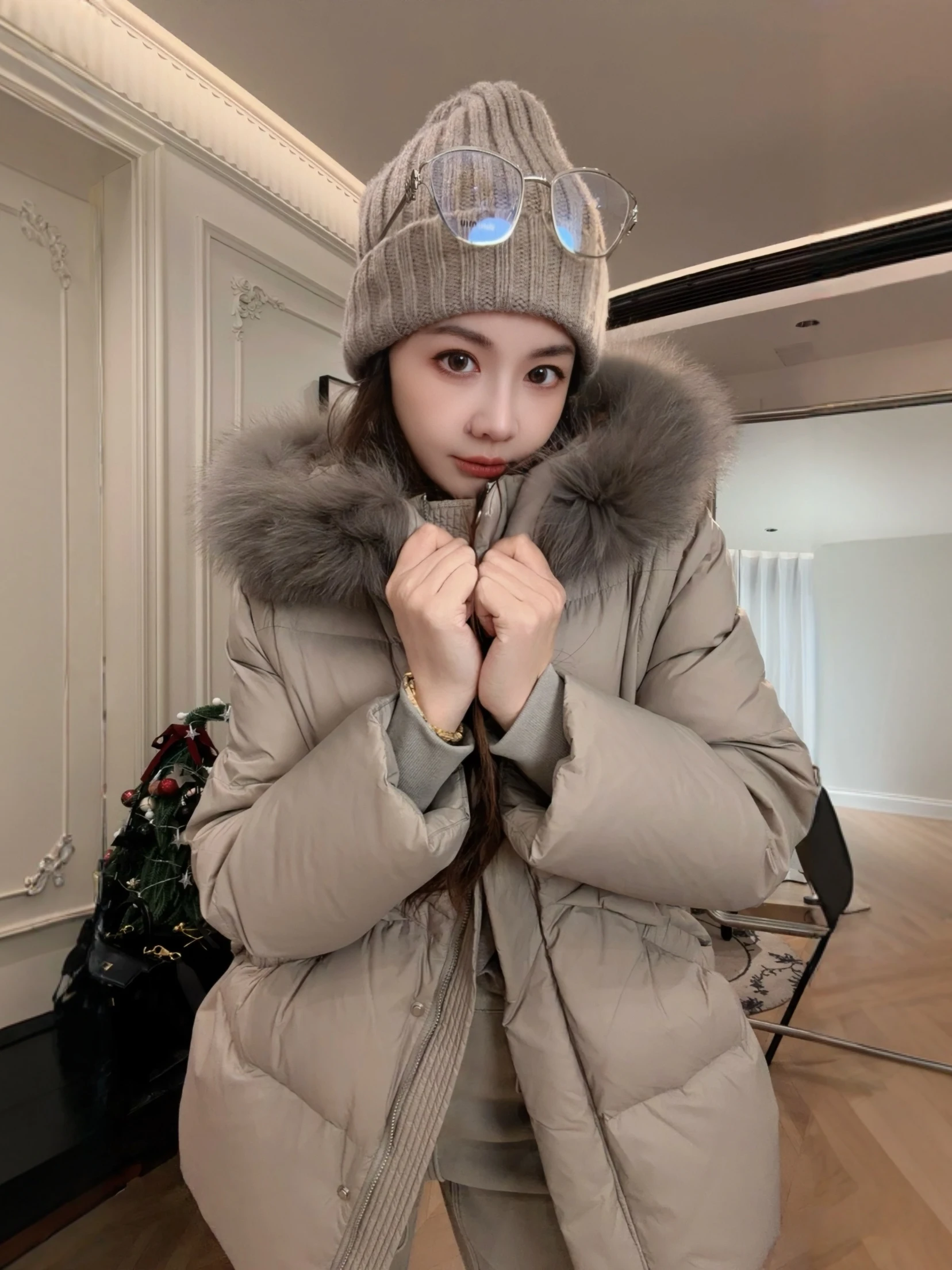 

PINZIKO 3-in- Large Rabbit Fur Collar down Jaet Versatile Wear Casual Sle Removable Hood Du down Filled Winter Coat