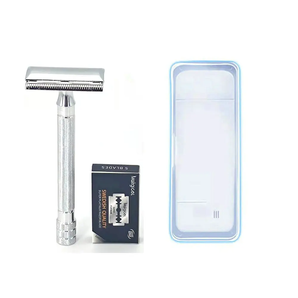 Double Edge Safety Razor For Men,Aluminum alloy  handle safety razor with 5PCS Blades +1pcs storage box