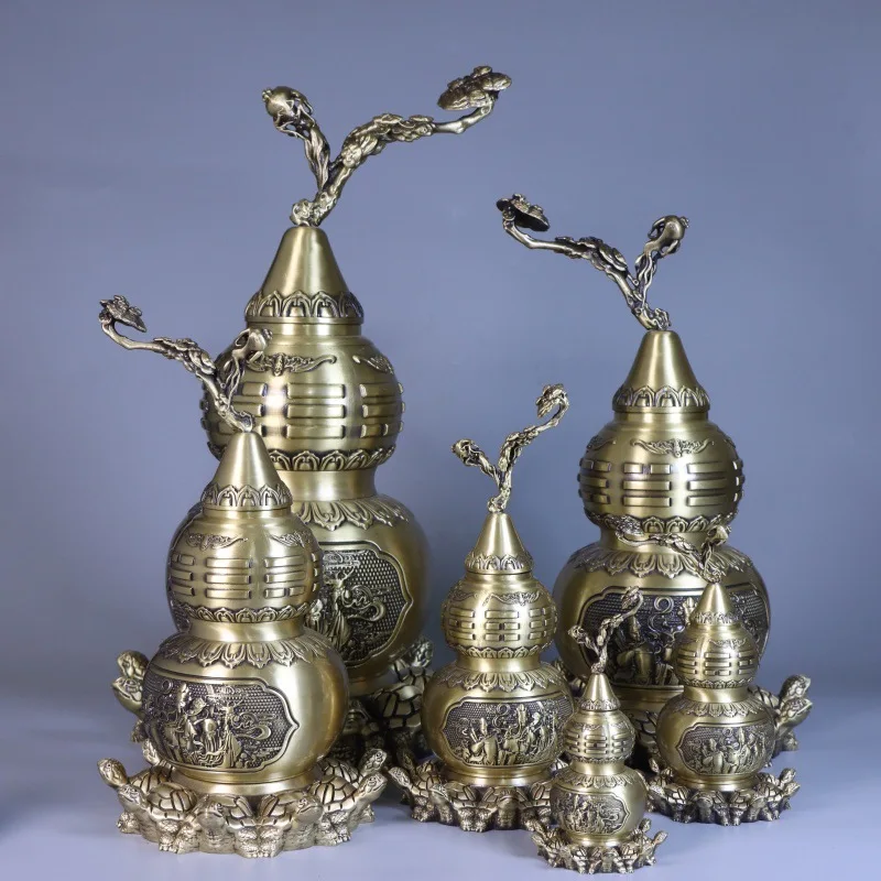 Pure Brass Tianyi Nine-Turtle Copper Gourd with Eight Trigrams Home Office Desktop Decor Gift Ornament Antique Collectible