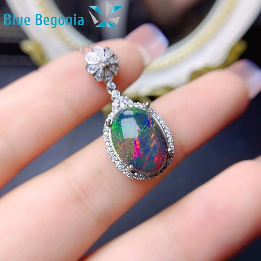 Big Natural Australia Black Opal Pendants 925 Sterling Silver Jewelry for Women Wedding Engagement Gift 12*16MM Gemstone