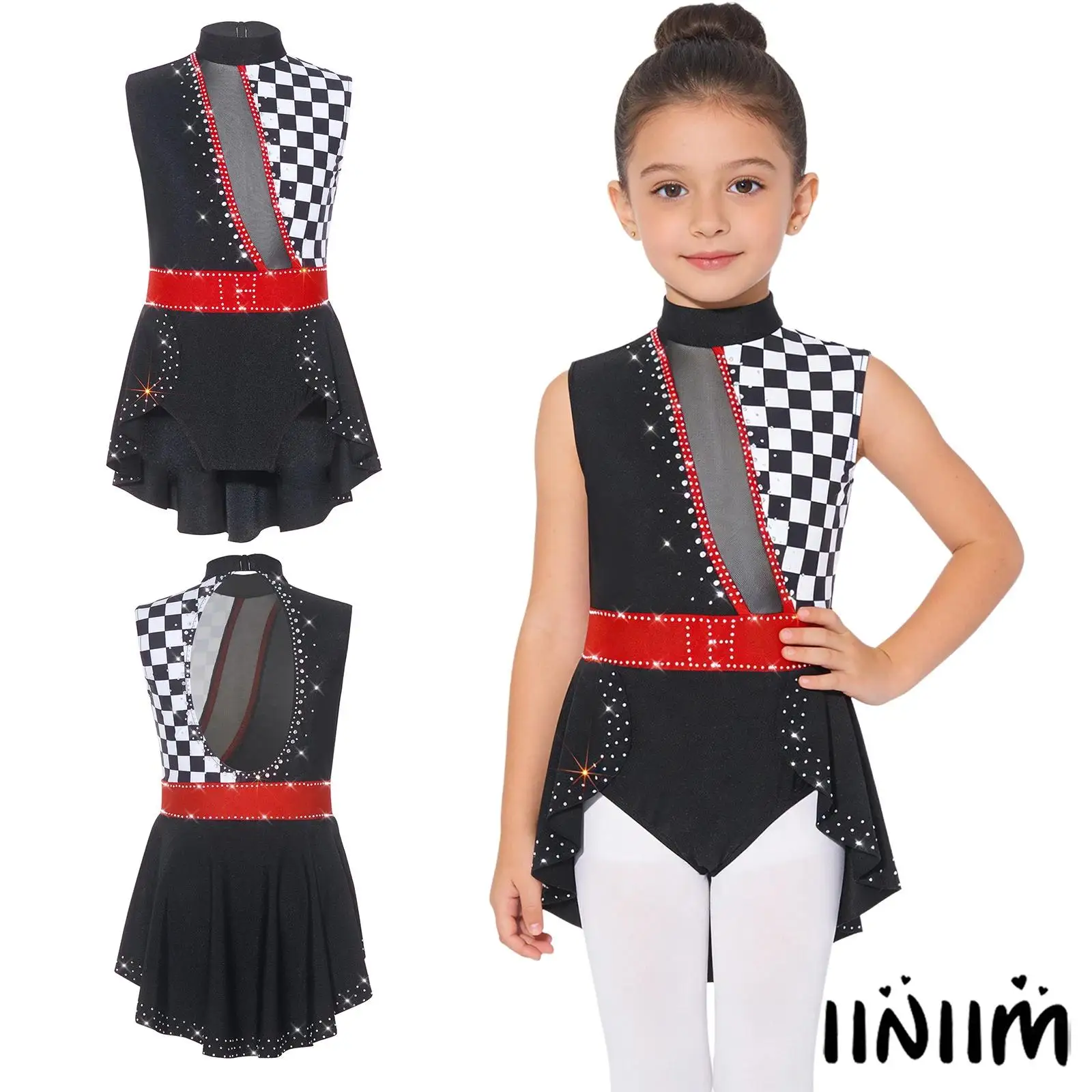 

Sparkly Rhinestone Circus Jumpsuit for Girls Mock Neck Sleeveless Patchwork Back Cutout Ruffled Overlay Design Dance Bodysuit