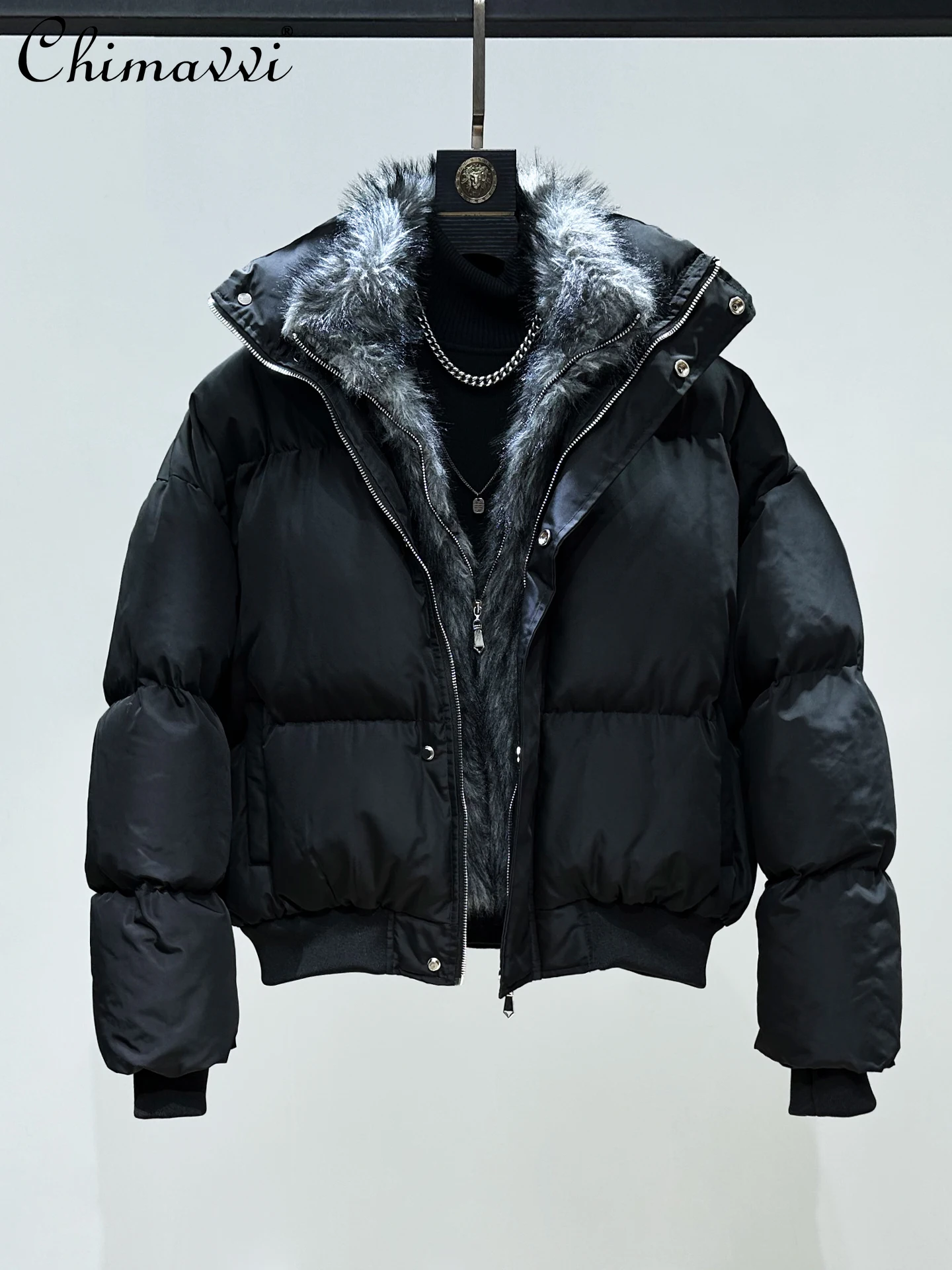 

Fashion Men's Black Short Puffer Jacket Plush Patchwork Double Zipper Loose Casual Thickened Warm Winter Mens Jackets Coats