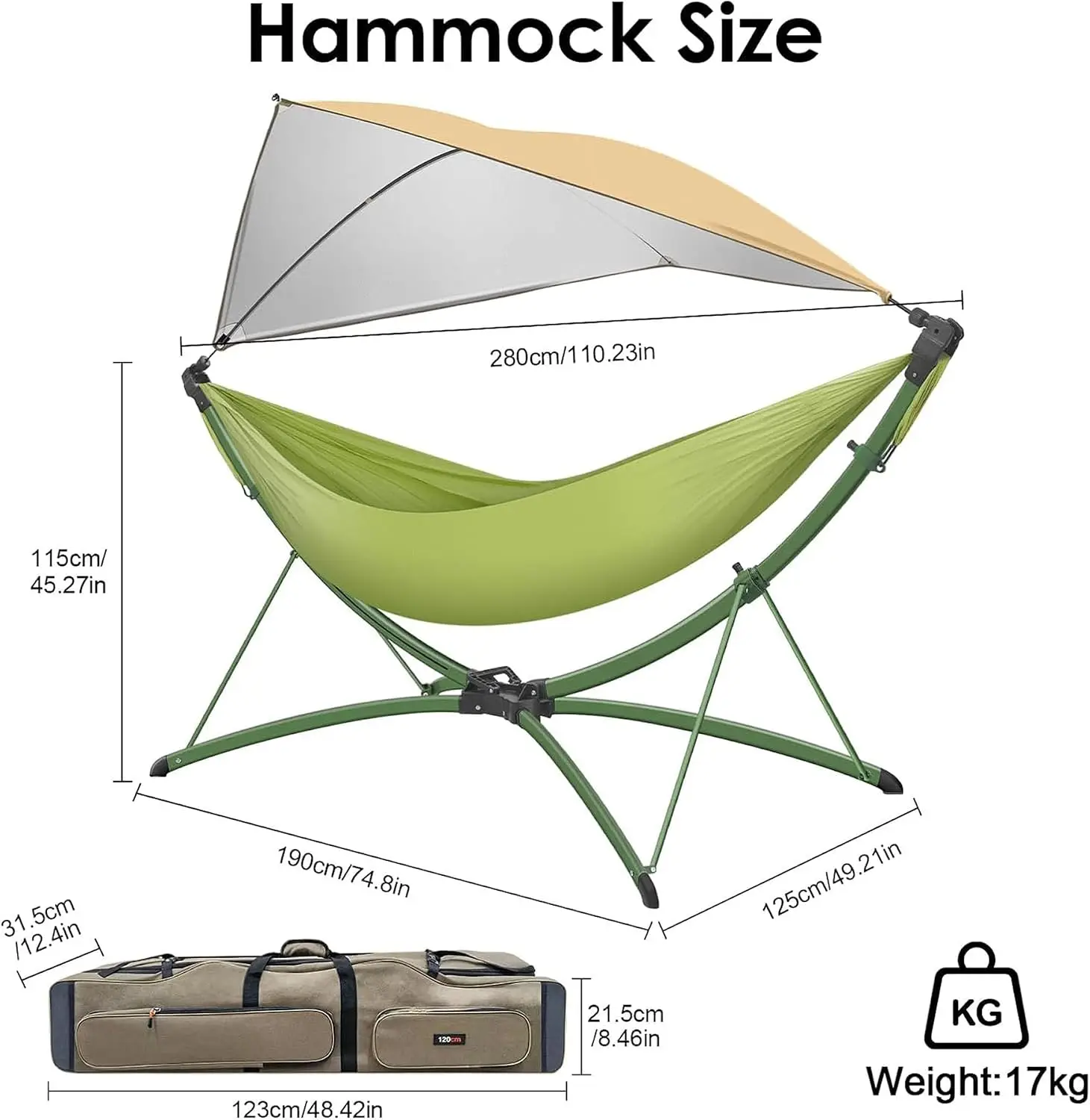 Portable 2-in-1 Hammock Chair with Quick-Folding Stand, Adjustable Sun Shade and Storage Bag, Heavy-Duty Convertible Hammock for Kids and Adults, Ideal for Camping, Beach, Garden, Patio, Outdoor Use, Green