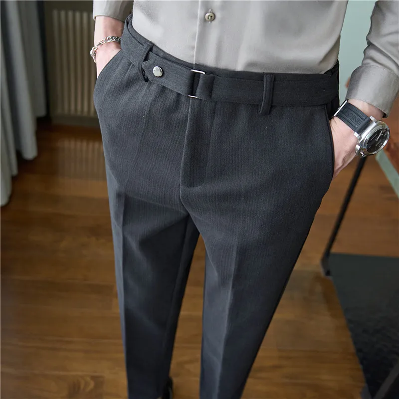 

2023 Autumn Winter Thickened Woolen Elastic Waist Suit Pant Men Slim Fit Casual Business Dress Pant Office Social Party Trousers