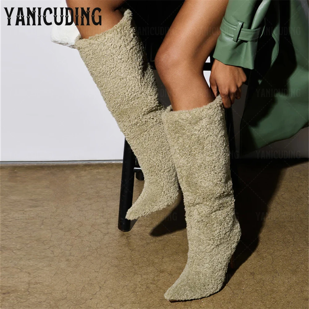 

Faux Sherpa Fuzzy Boots Knee High Warm Winter Boots Pointed Toe Slim Stiletto Heel Cute Boots for Women Custom Fur Shaft Boots