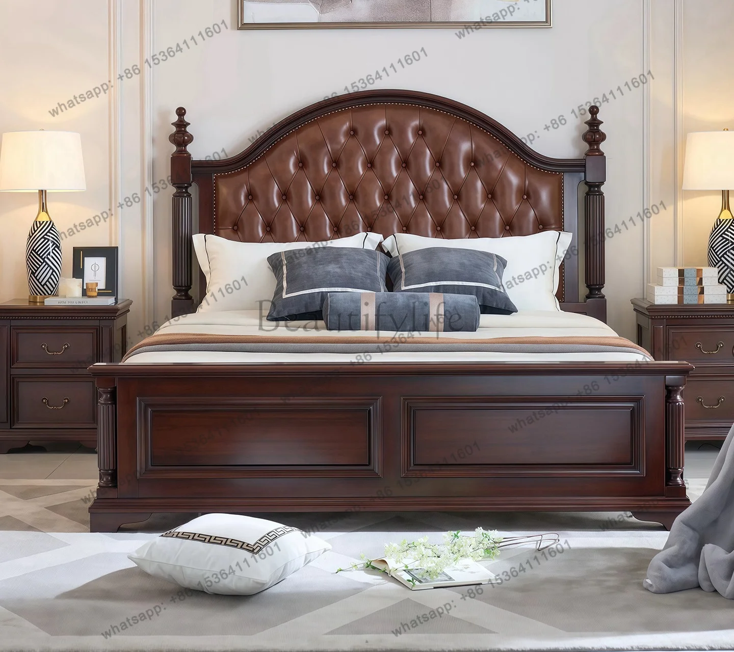 Mahogany core wood American all solid wood leather double bed retro Roman column master bedroom soft bed