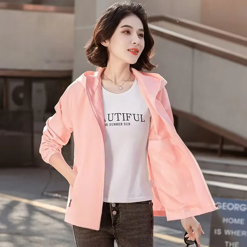Female Spring New Large Size Loose Fitting Hooded Zipper Coat Women Versatile Trend Breathable Hooded Charge Jacket Tops