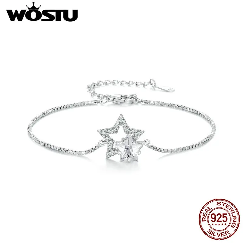 WOSTU 925 Sterling Silver Double Star Zircon Chain Bracelets For Women Bling Bling Shiny CZ Wrist Links Wedding Party Jewelry