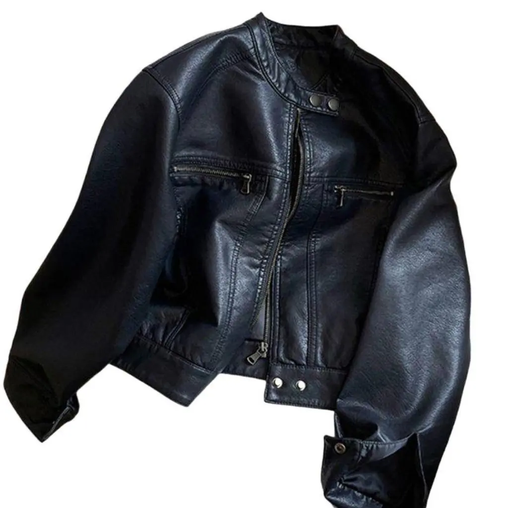 เสื้อแจ็คเก็ตหนังผู้หญิงทรงหลวมสไตล์เรโทรแบบนักขี่มอเตอร์ไซค์ แฟชั่นฮ่องกง ฤดูใบไม้ผลิ ฤดูใบไม้ร่วง สินค้ามาใหม่ ดีไซน์หรูหรา มีเอกลักษณ์