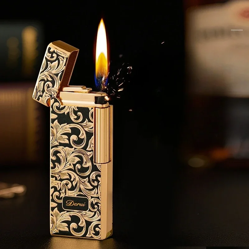 

DERUI New Grinding Wheel Open Flame Gas Lighter, Exquisite Tang Grass Pattern, Retro and Fashionable Cigarette Lighter Gift