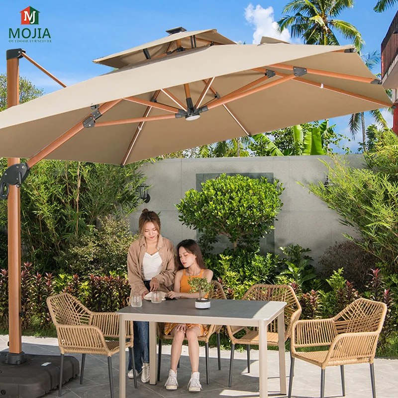 Solar Patio Large Umbrella with Led Lights, Wooden, Aluminum, Garden,  Beach, Anti-UV Cantilever, Outdoor Umbrellas with Base