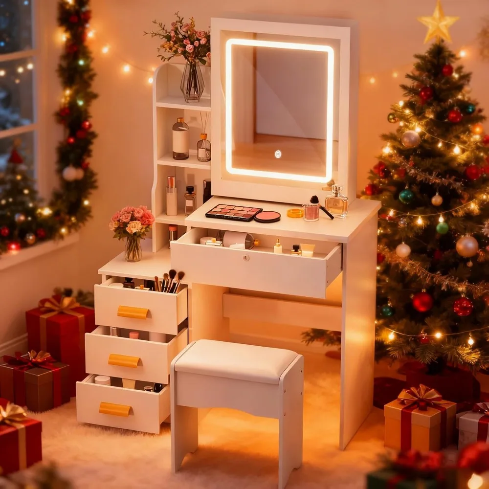 Vanity Desk with Mirror and Lights,Makeup Vanity with Extra Hidden Stroage,Makeup Desk with 4 Drawers 7 Open Shelves,Dressing