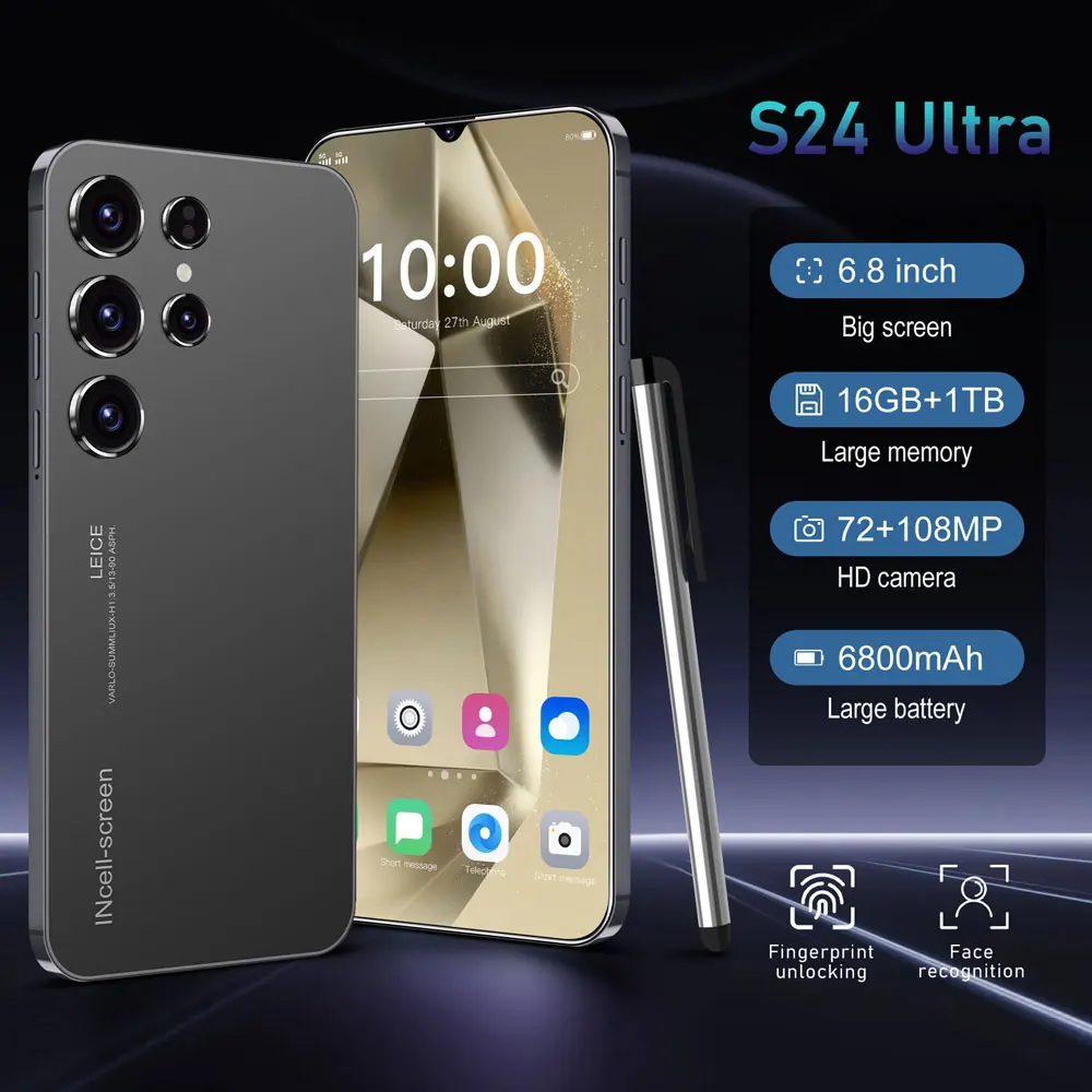 New Cell Phone Original S24 Ultra Smartphone 7.0 HD 5G 16G+1T Android 14 Dual Sim Face Unlocked 6800Mah Mobile Phone Cellphones