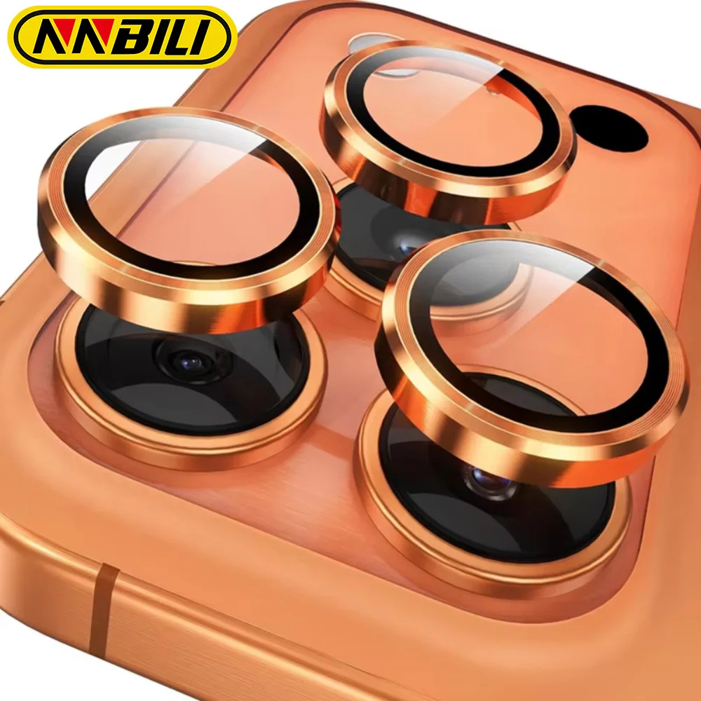 NNBILI Protector de Lente de Cámara de Metal y Cristal Naranja para iPhone 17 Air, 16, 15, 14, 13 Pro Max, Plus, 17 Air, 16 Pro, 17, Cubierta de Lente con Anillo para iPhone