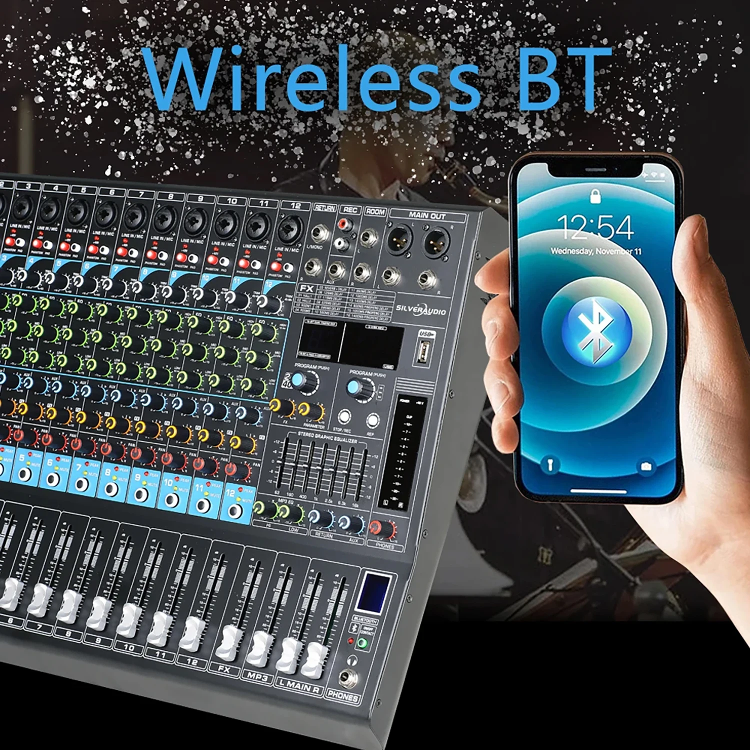 GAX-GL12 プロフェッショナルミキシングコンソール、バンド、パーティー、コンサート用デジタルオーディオミキサー、アンプ内蔵、12チャンネルUSBステレオサウンド