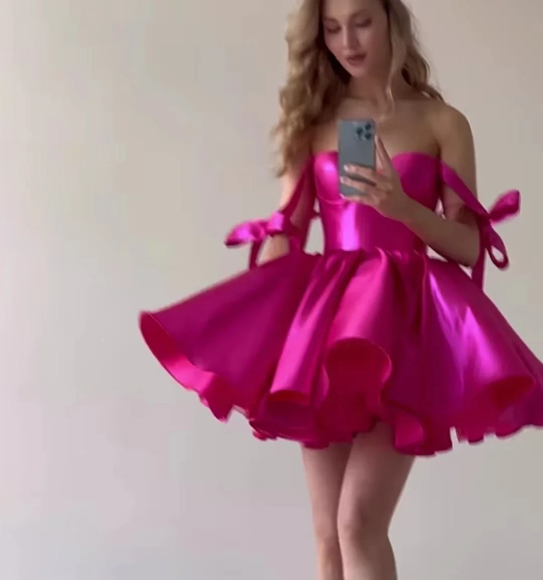 TaoYao Fuchsia Satin Evening Dress Women Off The Shoulder A-line Sweetheart Summer Party Mini Short Dress 2023 robes de soirée