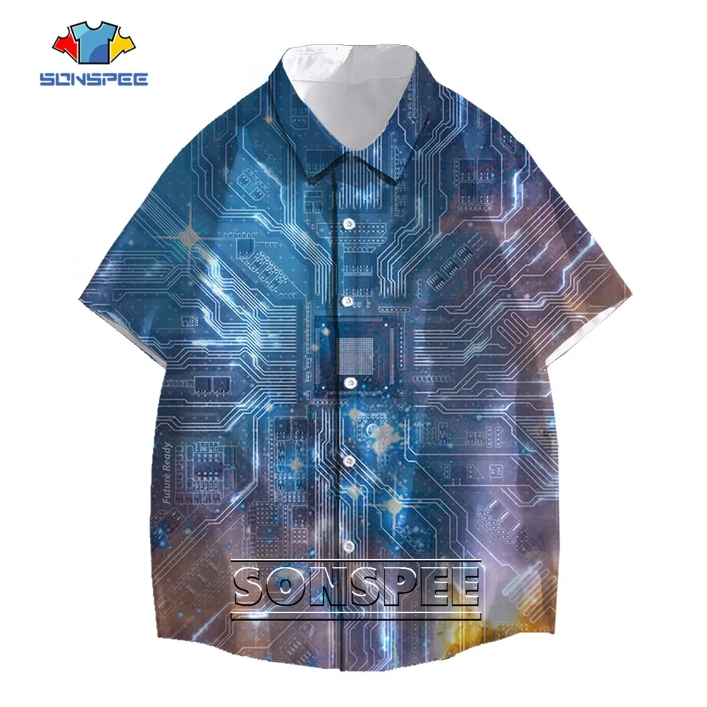 SONSPEE-camisa hawaiana con estampado 3D de tablero de circuito para hombre y mujer, blusa de manga corta con gráfico Harajuku, CPU, para playa