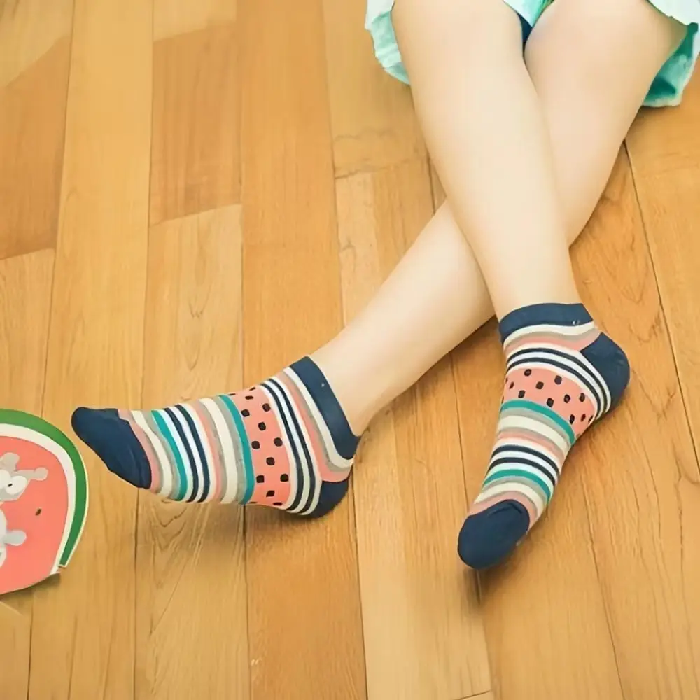 SHXI 5 Pairs Low Tube Cute Women's Socks Cotton Fruit Pattern Spring Summer Casual Thin Boat Socks Breathable Funny Socks