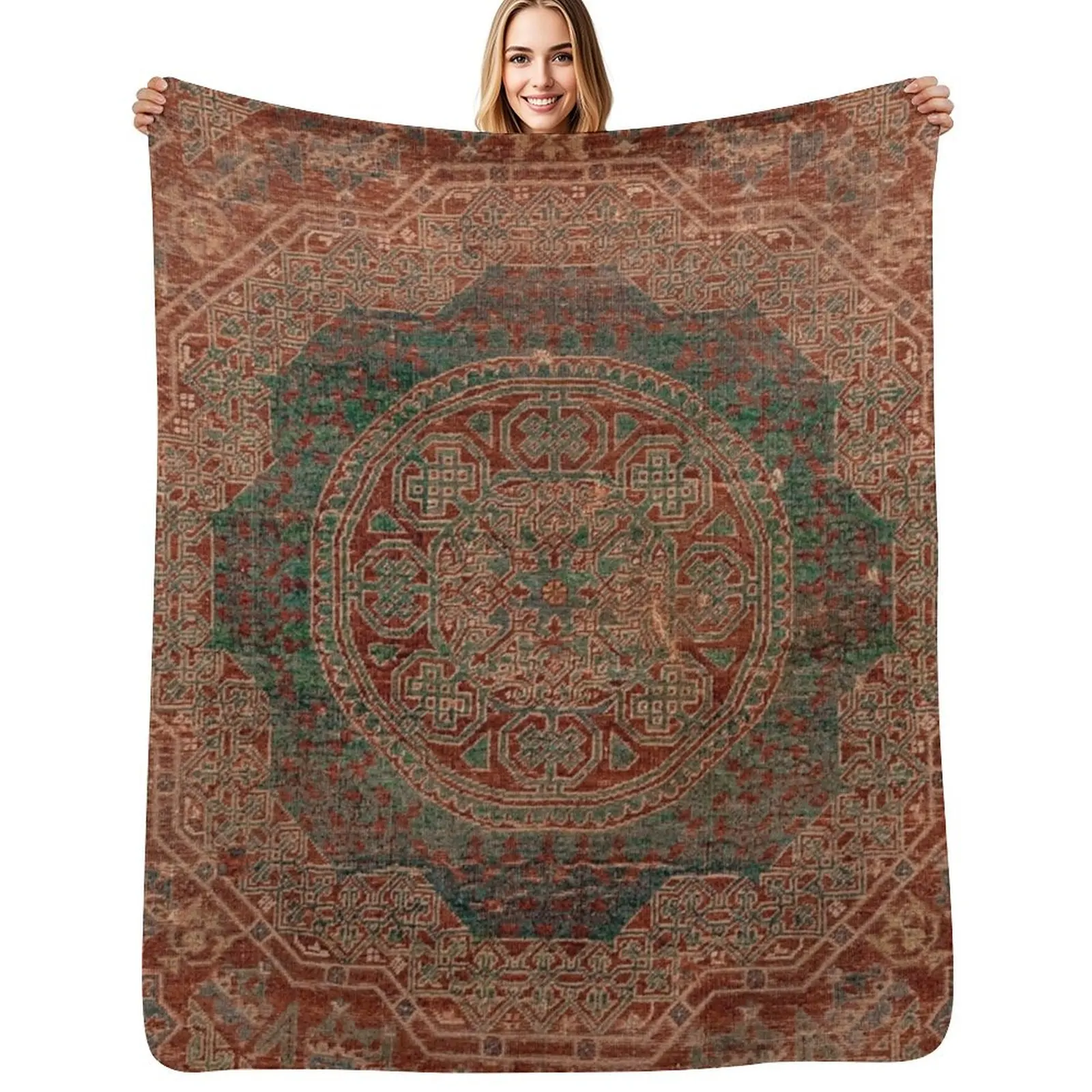 

Bohemian Medallion I // 15th Century Old Distressed Red Green Colorful Ornate Accent Rug Pattern Throw Blanket Picnic Blankets