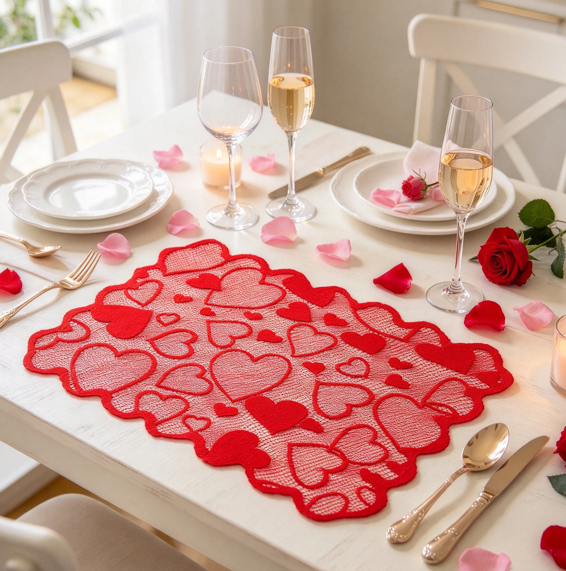 4pcs Red Heart Lace Placemat, Valentine Hollow Table Mat, Scalloped Edge Polyester Table Decor for Anniversary Party