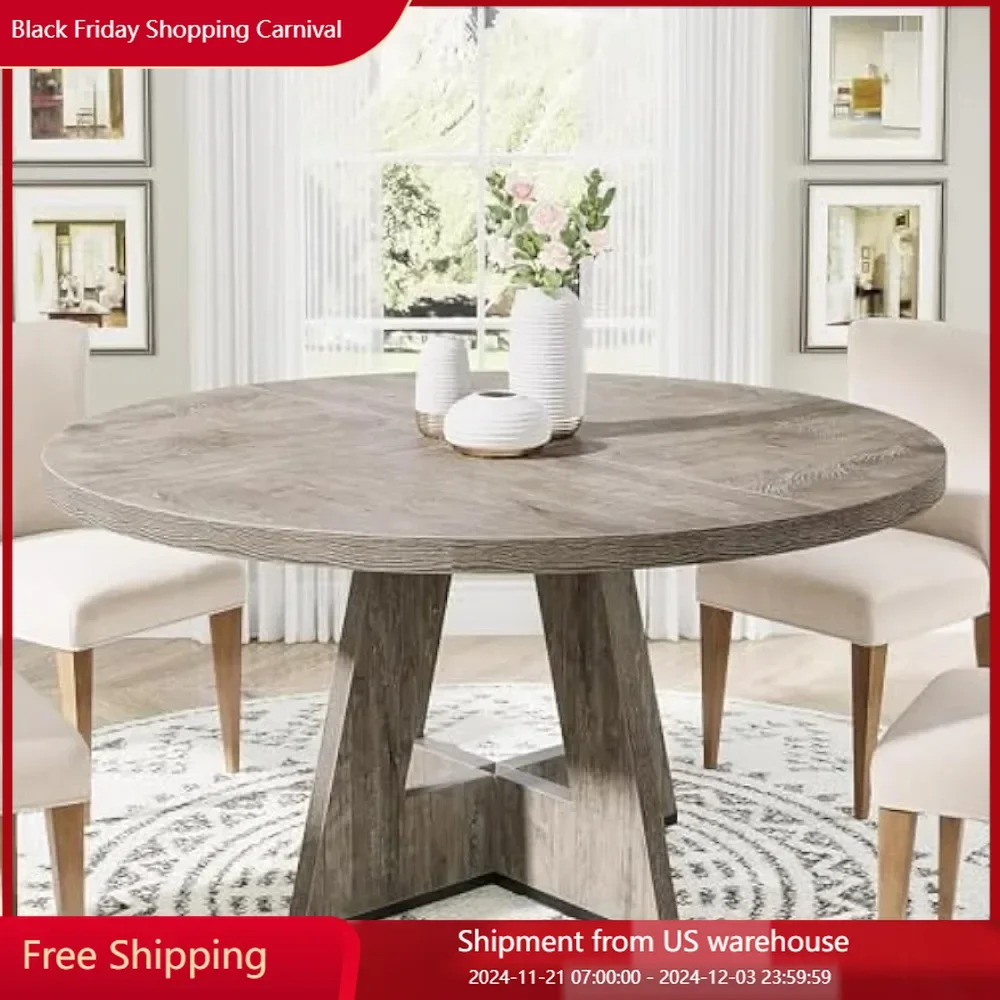 Kitchen dining table, circular 47 inch gray farmhouse wooden dining table, living room (excluding chairs) dining room table