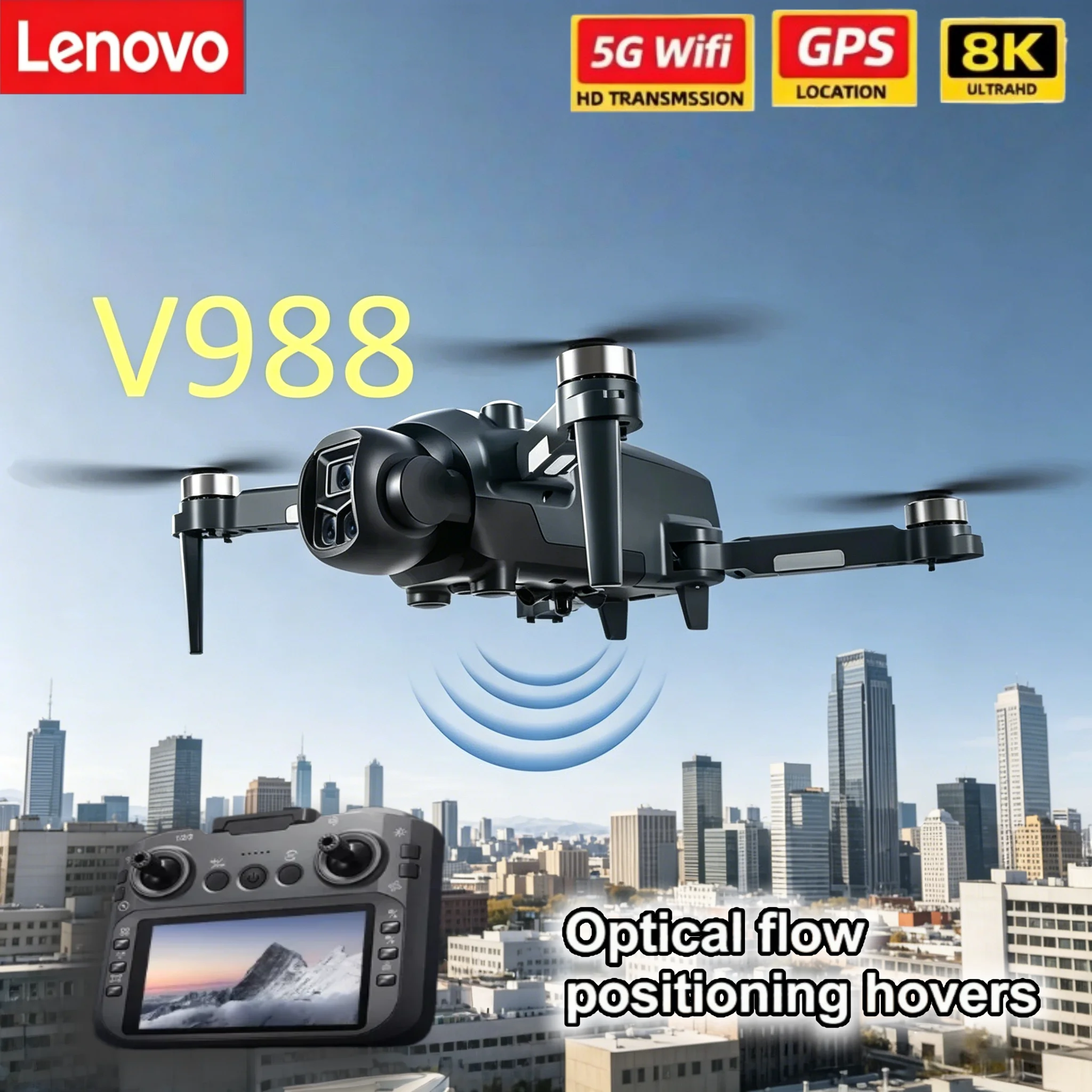 

Дрон Lenovo V988 8K HD с двойной камерой, профессиональный квадрокоптер 5G WIFI FPV с пультом управления с большим экраном, складной мини-дрон