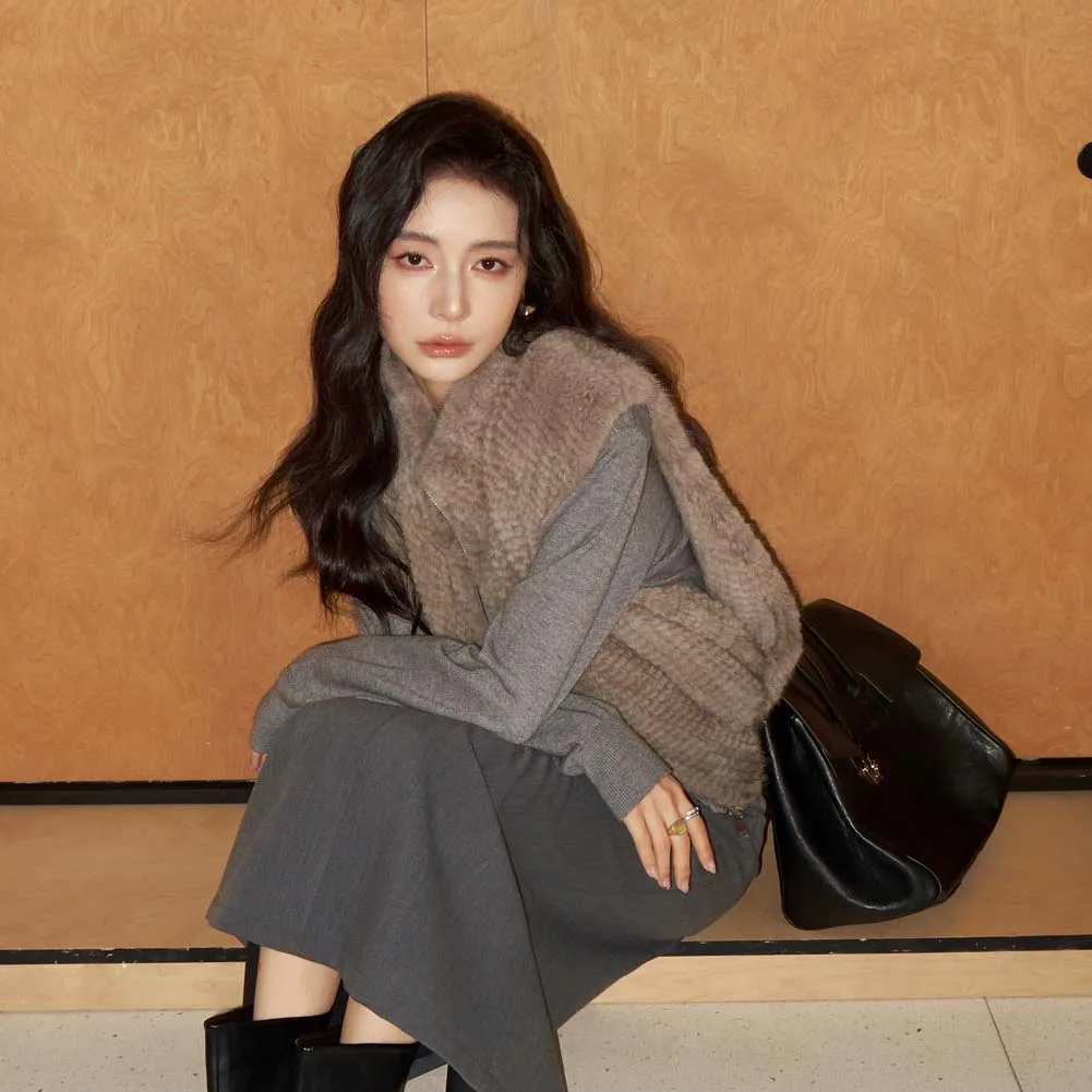 เสื้อกั๊กขนมิงค์ถักสองด้าน ผ้ากำมะหยี่นำเข้า ฤดูหนาวปี 2025 ทรงเข้ารูป