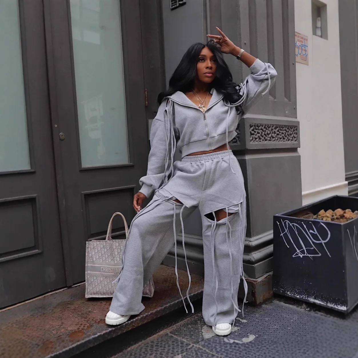 Fitness Damen 2-teiliges Set Reißverschluss-Kapuzenmantel Distressed Jogginghose 2025 Herbst Winter Outfits Fitness Sportliche Trainingsanzüge