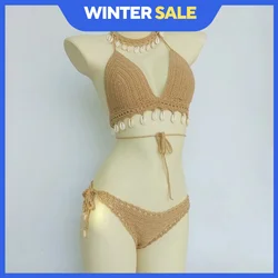 3 pezzi bikini set donna all'uncinetto conchiglia nappa bikini top e catena alla caviglia con conchiglia perizoma sexy scava fuori fondo bikini a vita bassa